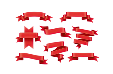 Collection of Red Ribbons and Banners with Golden Edges on Transparent Background