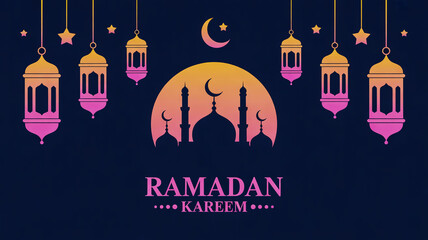 Elegant ramadan kareem greeting with mosque silhouette and vibrant lanterns on a dark blue background