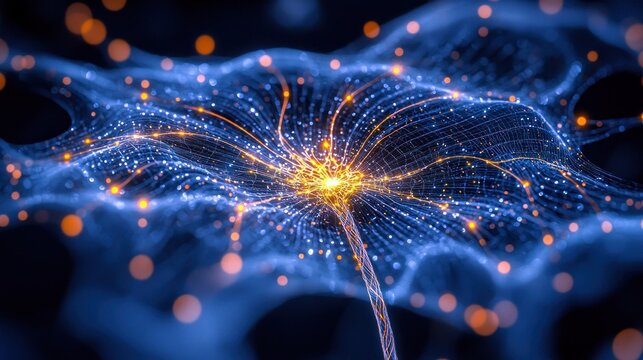 Abstract neuron network, glowing center, branching pathways, soft blue backdrop