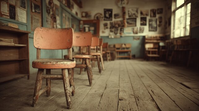 Vintage Wooden Chairs in Abandoned Classroom with Faded Posters and Weathered Floorboards