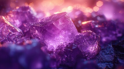 Cluster of bright purple crystals with warm, blurred background bokeh lights