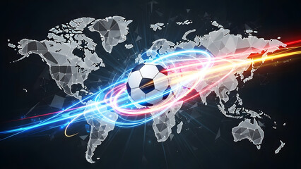 Abstract world map with soccer ball and digital energy trails representing global sports connectivity