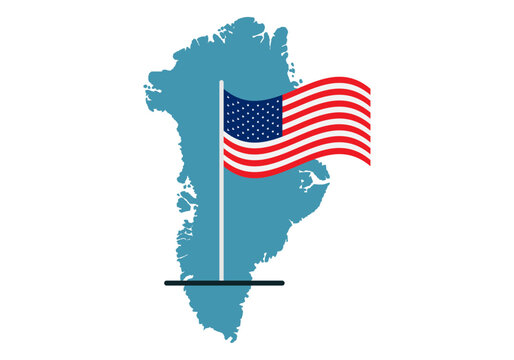 Bandera de estados unidos de am&eacute;rica ondeando en un asta sobre la silueta del mapa de groenlandia