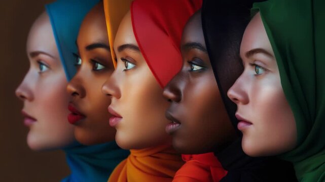 A diverse group of women wearing hijabs in various colors, showcasing unity and beauty. The women represent different cultures and ethnicities, their faces exuding serene expressions