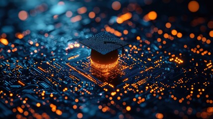 Graduation cap sits atop glowing circuits, with bokeh lights background