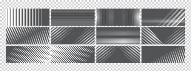 Obraz premium Set of abstract line and stripe gradient patterns with smooth fade transitions and geometric vector lattice design. Gradient transition lattice bg adds dynamic motion and modern texture.