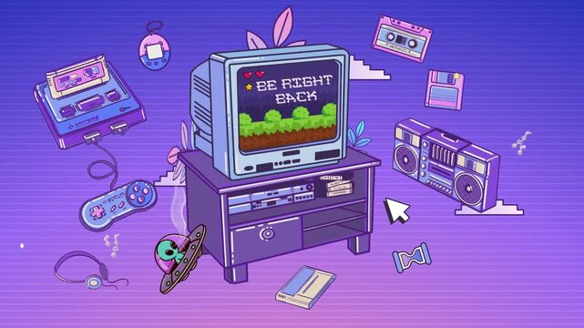 Animated Retro Computer Scenes, Twitch Stream Overlay, Gaming Room 80th, Alien, Purple Stream Theme, Animated Screen Stream, Stream Overlay, Stream Scenes, Twitch Overlay