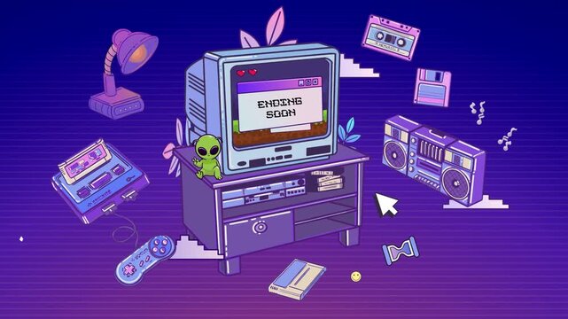 Animated Retro Computer Scenes, Twitch Stream Overlay, Gaming Room 80th, Alien, Purple Stream Theme, Animated Screen Stream, Stream Overlay, Stream Scenes, Twitch Overlay