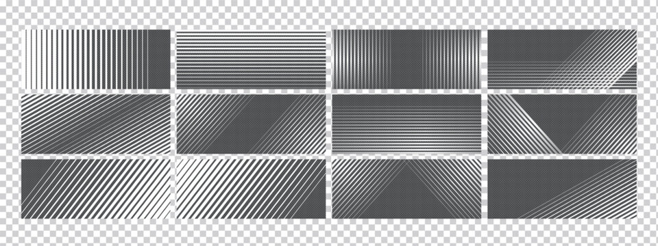 Set of abstract line and stripe gradient patterns with smooth fade transitions and geometric vector lattice design. Gradient transition lattice bg adds dynamic motion and modern texture.
