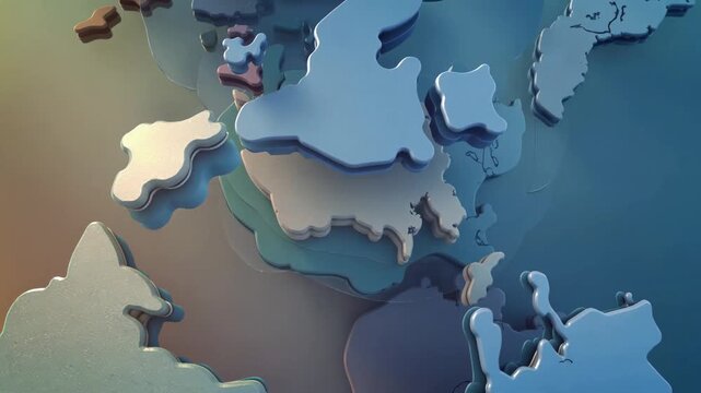 Dynamic 3D animation visualizing a world map with continents expanding and rising in a layered effect. Ideal for global themes, data representation, and international concepts.