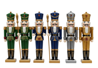 Five glossy porcelain nutcracker soldiers in ornate green, blue, gold, and silver military uniforms standing rigidly on transparent background, concept of christmas luxury collection