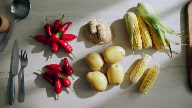 Overhead shot of fresh, raw vegetables and grains on a kitchen counter, perfect for healthy cooking and meals.