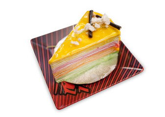 Top view of rainbow crepe cake, focus selective