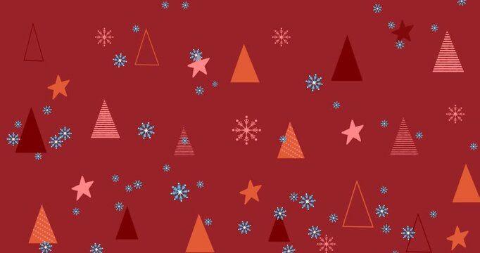 Animation of snow falling over christmas decoration and pattern