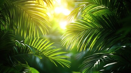 Obraz premium Lush, vibrant green palm leaves frame a bright, sunny, bokeh-filled background