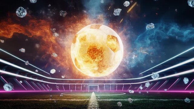 Powerful soccer ball split by lightning with fire and ice effects in a futuristic stadium, symbolizing intense competition, energy, and sports rivalry.