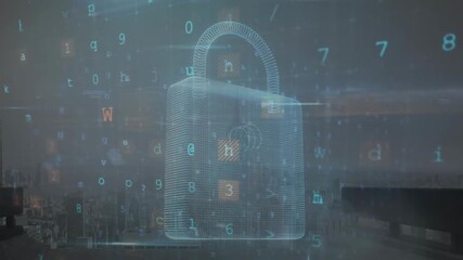 Animation of cyber security data processing and padlock icon against aerial view of cityscape - Powered by Adobe