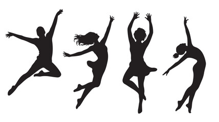 Dancing Silhouettes Jumping in Air on White Background