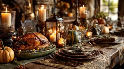 Fototapeta premium Rustic Thanksgiving Feast with Golden Roast Turkey and Elegant Table Setting in a Cozy Atmosphere