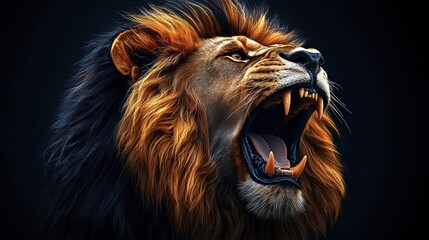 Naklejka premium Roaring lion with an orange and black mane against a dark background