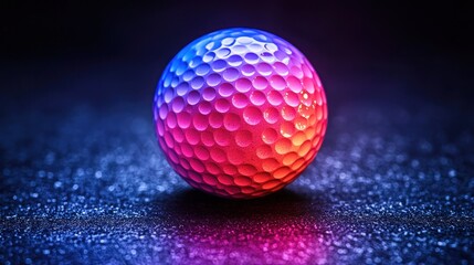 Round, dimpled object glows with vibrant neon hues on dark speckled surface
