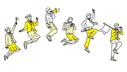 メガホンや旗を持ってジャンプする男女の学生-受験生応援ー人物シンプルベクターイラスト素材