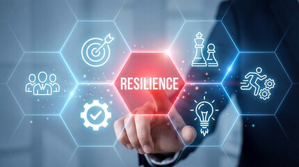 Professional hand activating the glowing resilience word on an interactive digital screen surrounded by business strategy icons like teamwork goals solutions leadership a