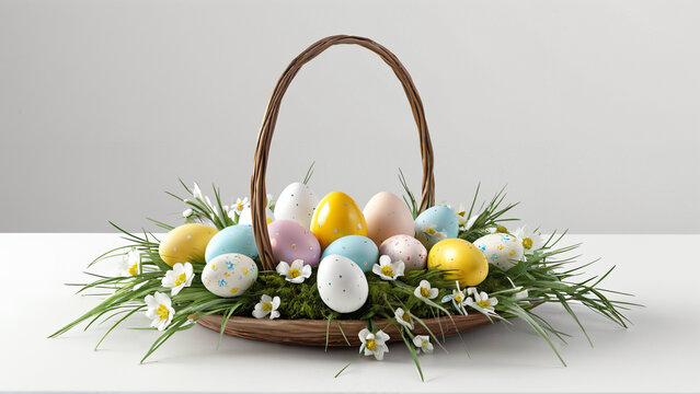 Osterkorb mit pastellfarbenen Eiern und Fr&uuml;hlingsblumen 