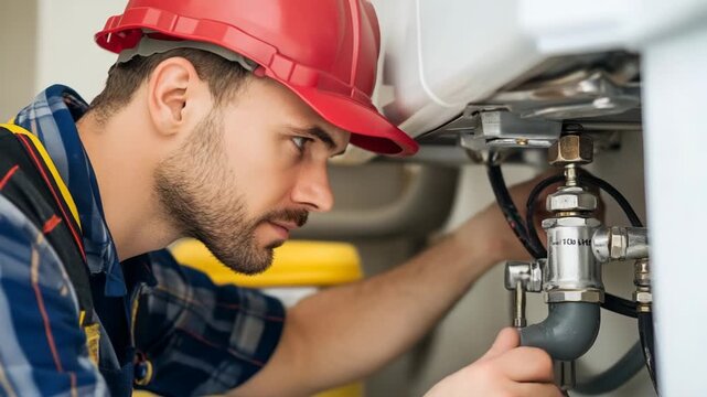 A plumber working on plumbing repair with a focused expression 