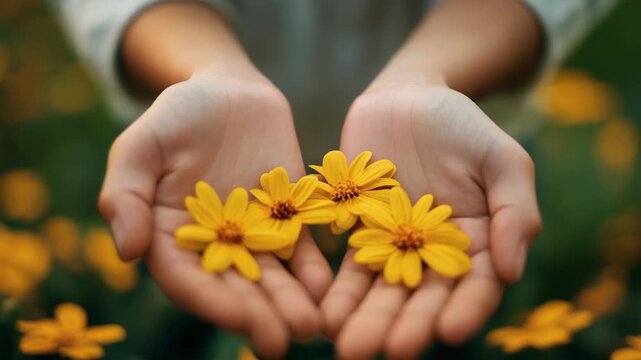 A pair of hands gently cradling several bright yellow flowers