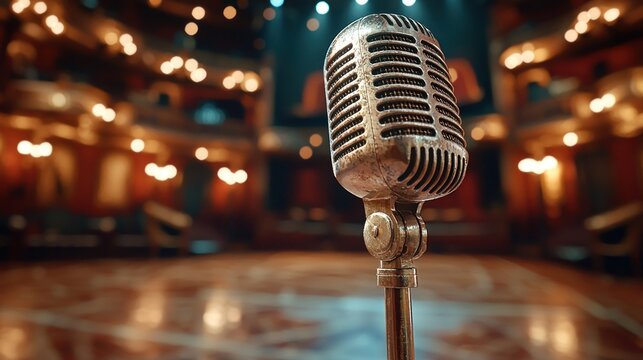 Vintage microphone on stage with blurred theater backdrop - Powered by Adobe