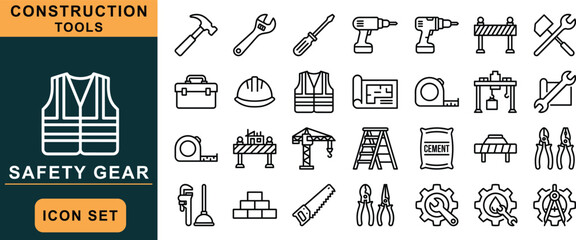 Construction and tools icon set, labeled equipment, safety gear, blueprint, wrench, drill, vector graphic, black outline, isolated