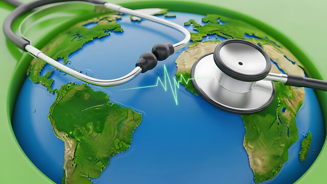 Fintech 3d data visualization depicting global health monitoring with a stethoscope and heartbeat graph - Powered by Adobe