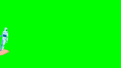 Robots under businessman control. Collaboration, partnership, relationships between AI. Man holding two robots standing on a businessman's hand. Robots shaking hands. 2D flat animation. Alpha channel