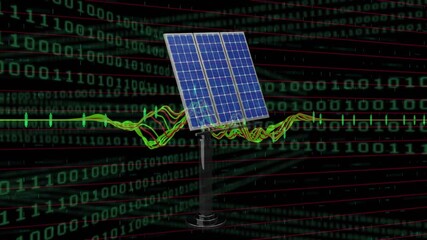 Animation of statistics and binary coding over solar panels - Powered by Adobe
