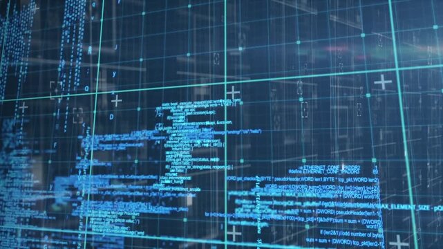 Animation of grid pattern and plus signs over computer language against abstract background