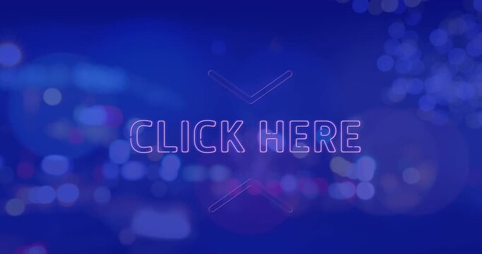 Animation of click here neon text banner against night city traffic