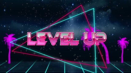 Animation of level up text over triangular banner and palm trees over grid network against space - Powered by Adobe