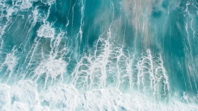 Aerial view of powerful ocean waves crashing and creating white foam patterns.