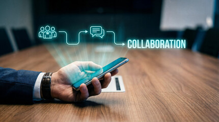 Businessman Collaborating on Smartphone in Modern Office