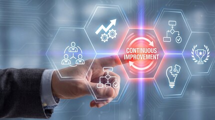 Professional hand touches continuous improvement icon on a modern digital screen showing workflow collaboration and growth concepts in a business context