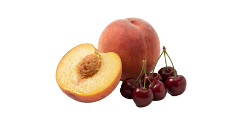 Ultra-realistic peach with cherries, peach sliced in half revealing soft juicy texture, clean minimal composition, white studio background