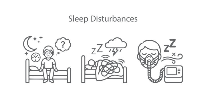 Sleep Disturbances and Disorders Icon Set. Vector Line Art of Insomnia, Restless Nightmares, and Sleep Apnea CPAP Mask.