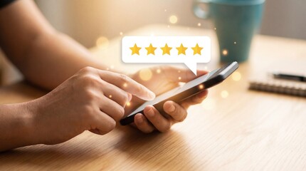Person s hands hold a modern smartphone actively tapping the screen to give a five star rating on a wooden table with warm soft light and digital bokeh
