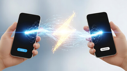 Fintech 3d data visualization of mobile phone transactions with glowing energy transfer between devices.