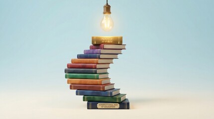 Conceptual illustration for International Day of Education 2026 featuring a spiral stack of colorful books and a glowing light bulb representing knowledge and ideas.