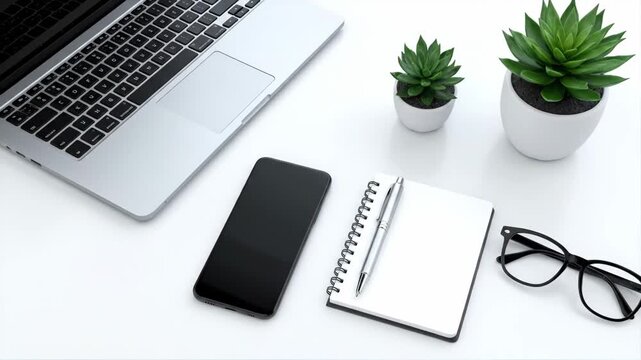 Overhead view of a minimalist office desk setup with a laptop opening, smartphone, notepad, and succulents. Ideal for themes of remote work, productivity, and technology.