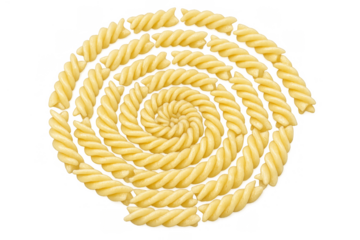 Raw fusilli pasta forming spiral design, creating an intricate food pattern on transparent background
