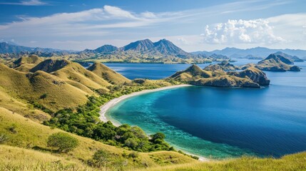 Naklejka premium Tropical bay, hills, clear water, islands