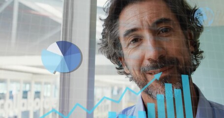 Animation of statistical data processing against portrait of caucasian man smiling at office - Powered by Adobe